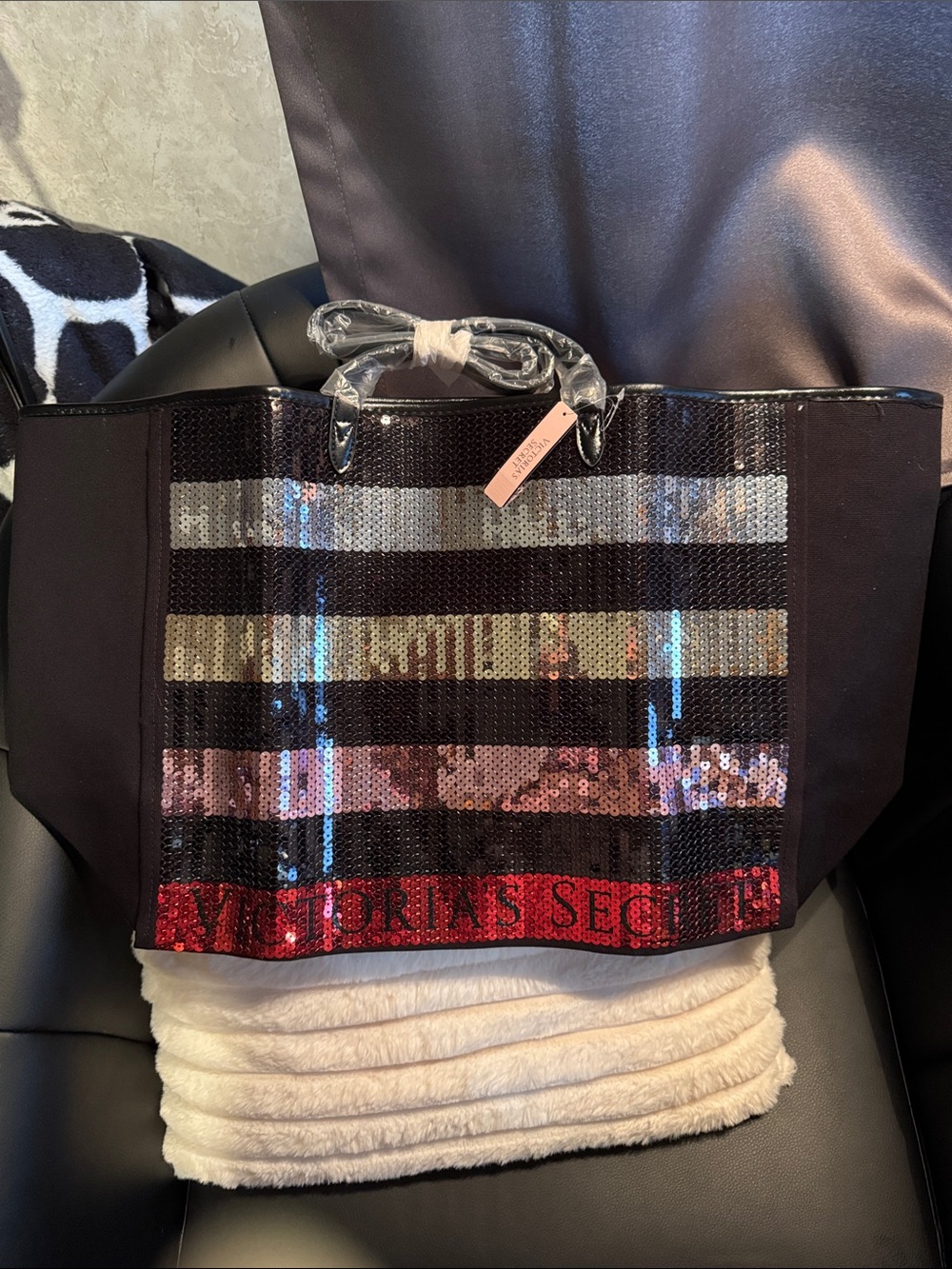 Victoria's Secret Black Tote with Multicolor Sequin Stripes